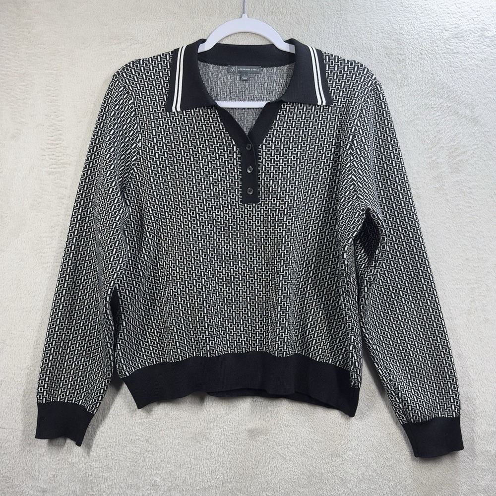 Adrianna Papell Women's L Tipped Y-Polo Contrast Long Sleeve Sweater Preppy